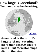 Mercator's map takes the Earth's latitudes and longitudes (parallels and meridians)which curve around the spherical globe, and makes them straight lines. This allowed sailors to plot a course between any two points using a straight line, but it also created distortions in the map the further you got from the equator. For example, Greenland appears roughly the same size as the continent of Africa on a Mercator map, even though Africa is about 14 times larger.